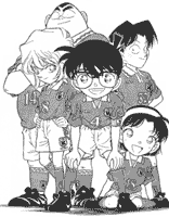 The Detective Boys (Jr Detective League) in soccer uniforms. Starting Center frount and going clockwise: Detective Conan Edogawa, Ai Haibara, Genta Kojima, Mitsuhiko Tsuburaya, and Ayumi Yoshida