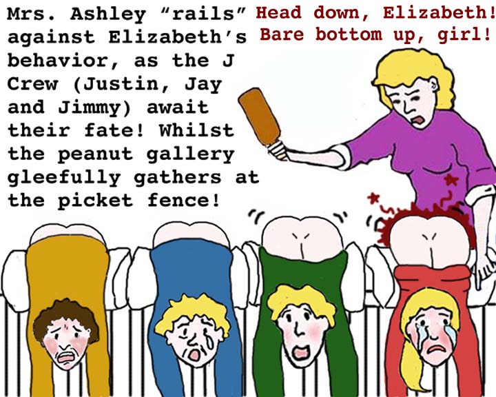 The Ashley Sibling and their neighbour Jimmy getting paddle on the frount porch by Mrs. Ashley